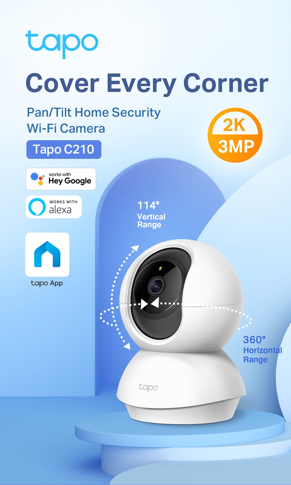 Tapo Pan/Tilt Smart Security Camera 360°, 2K 3MP High Definition, 2-way  Audio (Tapo C210)